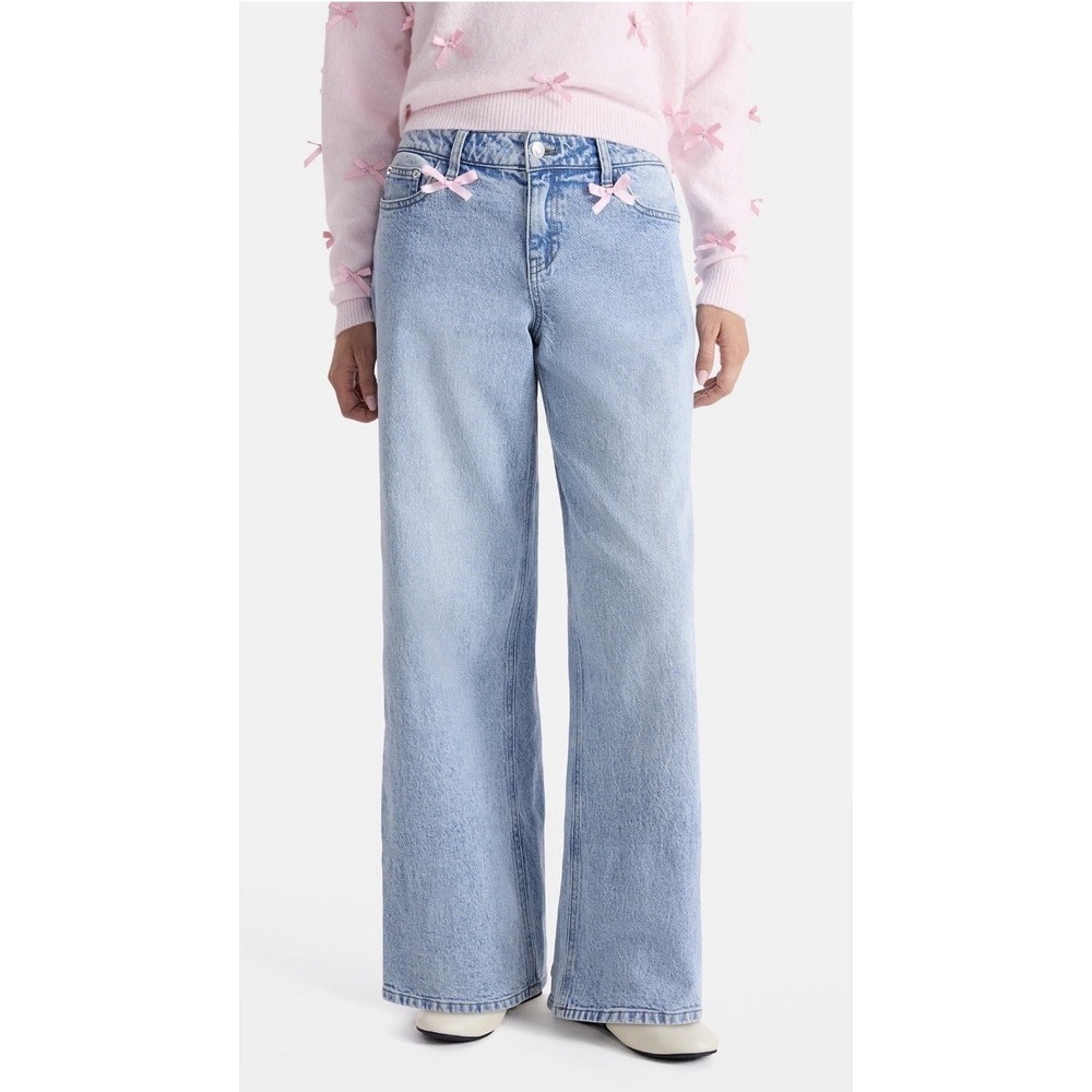 No Boundaries Pink‎ Bow Women's Wide Leg Denim Jeans 30" Inseam Light Wash NWT 2